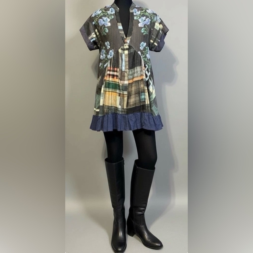 FREE PEOPLE Agnes Print Tiered Ruffle Mini Dress - Dark Combo Deep V Neck XS